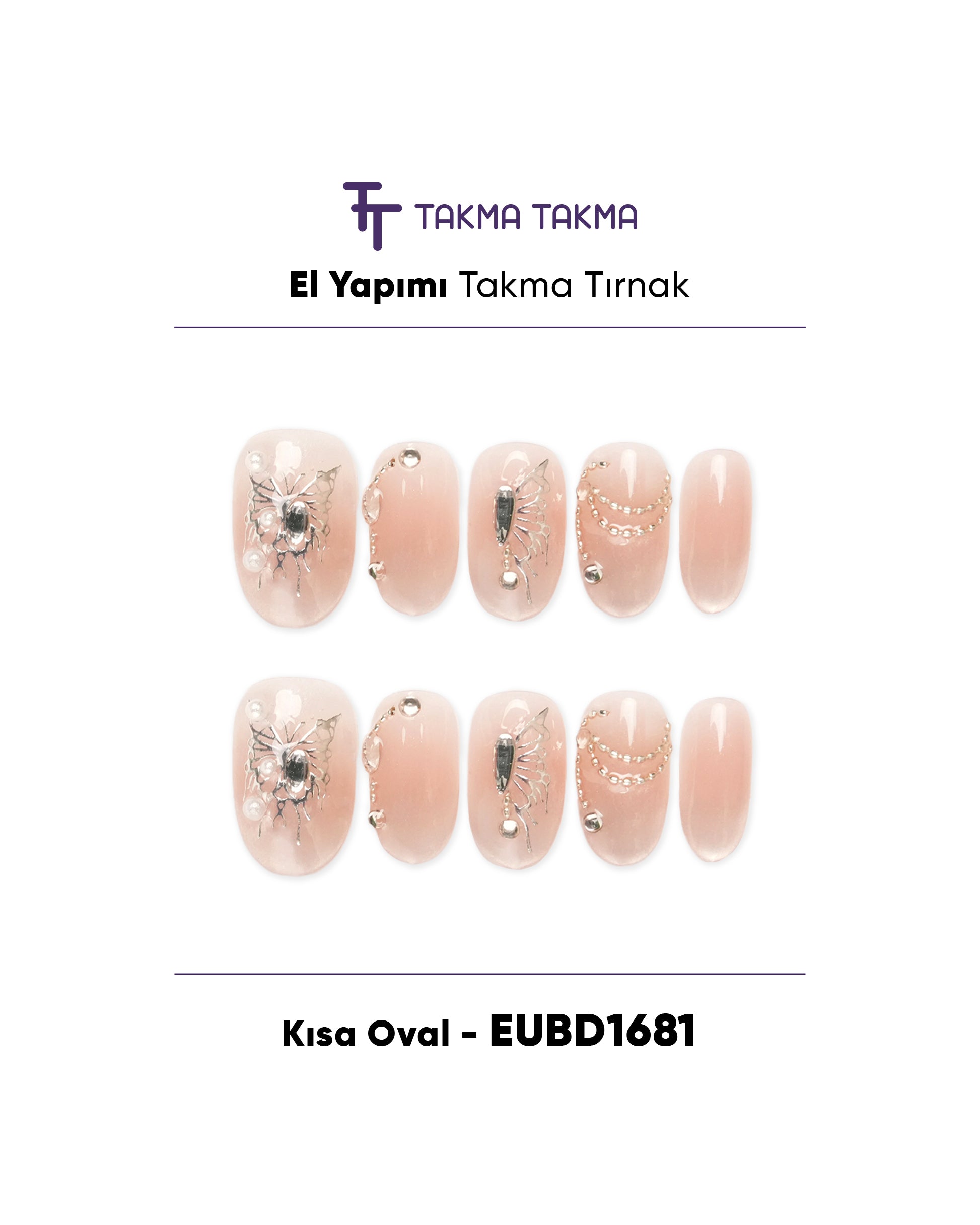 EUBD1681 Kısa Oval 10'lu Tekrar Kullanılabilir El Yapımı Protez Takma Tırnak