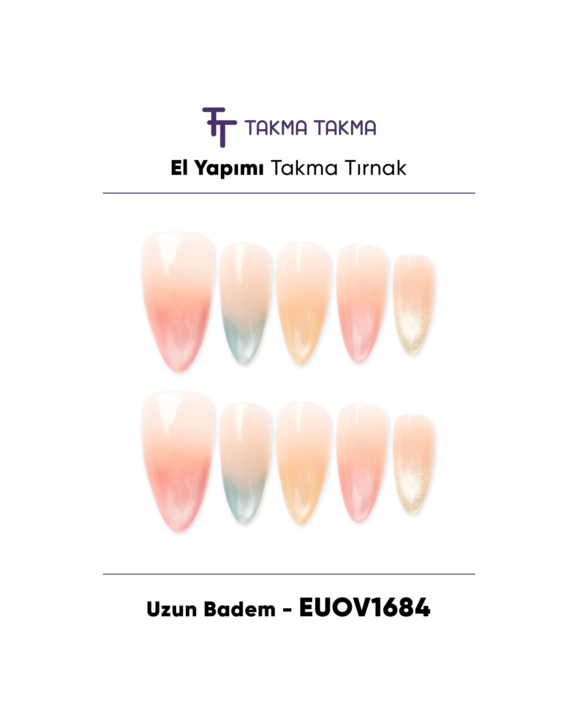EUOV1684 Uzun Badem 10'lu Tekrar Kullanılabilir El Yapımı Protez Takma Tırnak Takma Takma