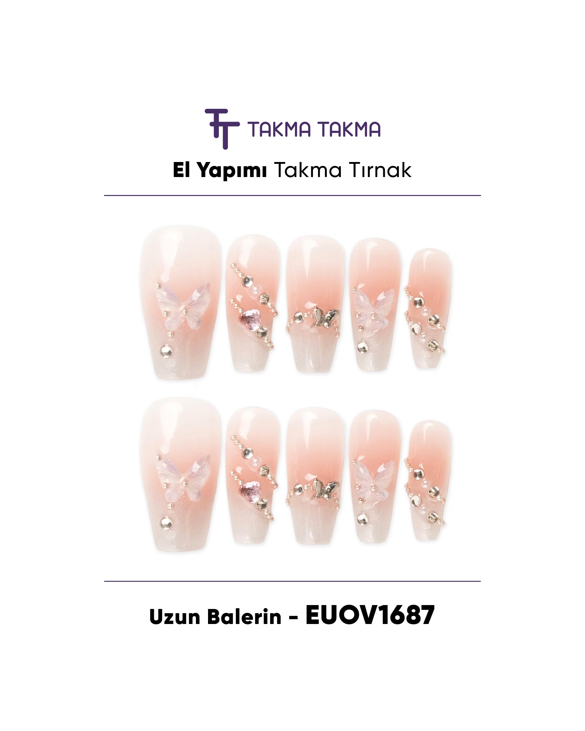 EUOV1687 Uzun Balerin 10'lu Tekrar Kullanılabilir El Yapımı Protez Takma Tırnak