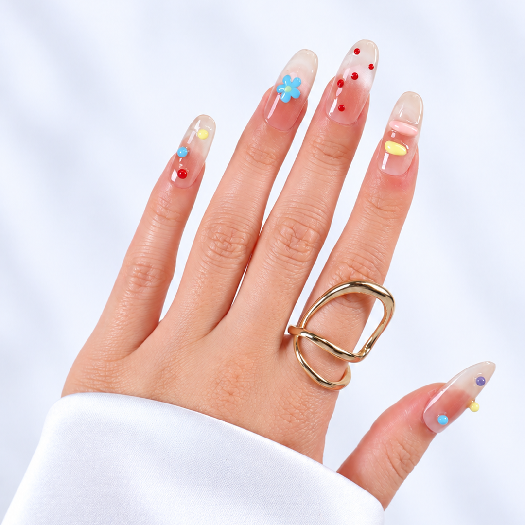 Renkli Nail Art Takma Tırnak Uzun Oval 10'lu Tekrar Kullanılabilir El Yapımı Protez Takma Tırnak