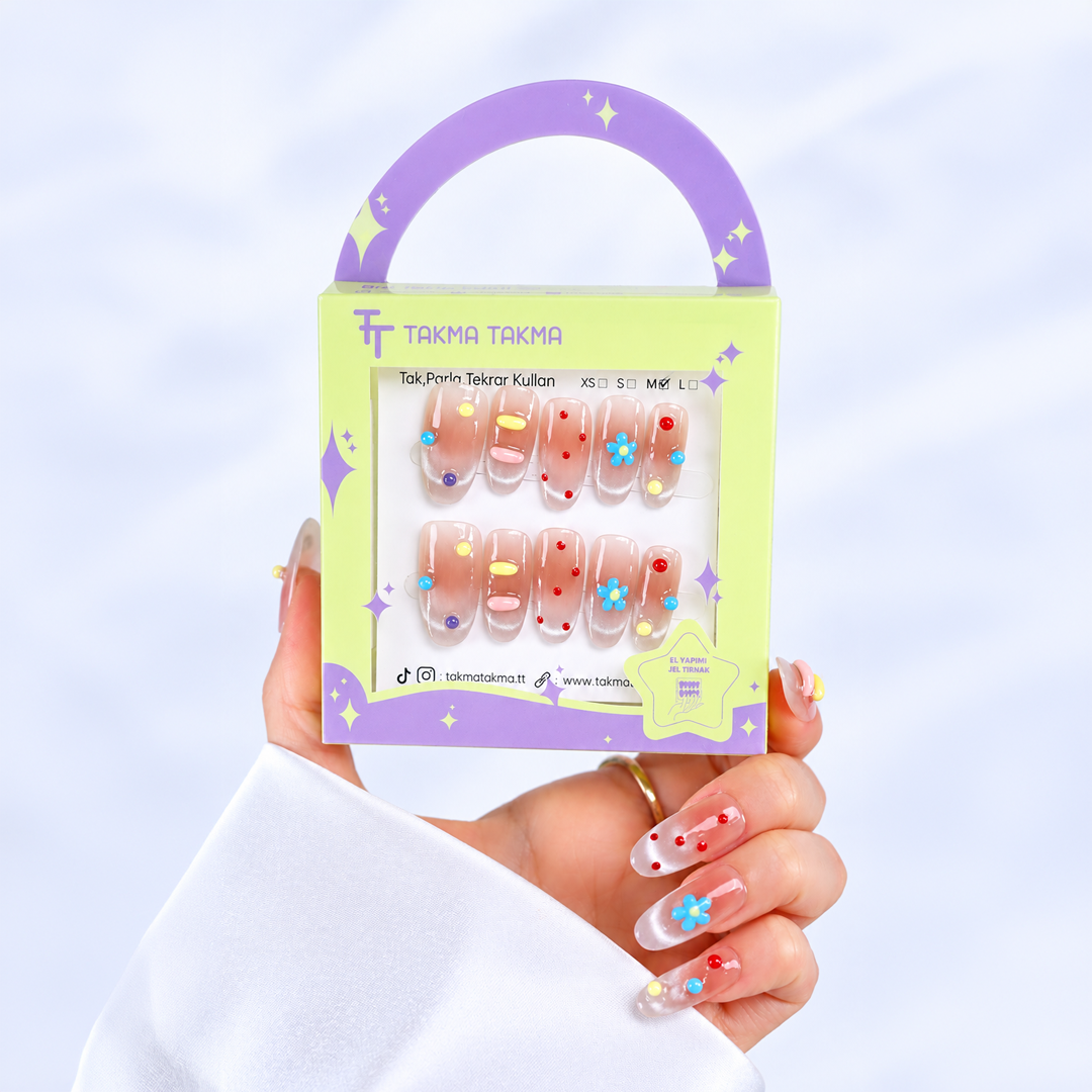 Renkli Nail Art Takma Tırnak Uzun Oval 10'lu Tekrar Kullanılabilir El Yapımı Protez Takma Tırnak