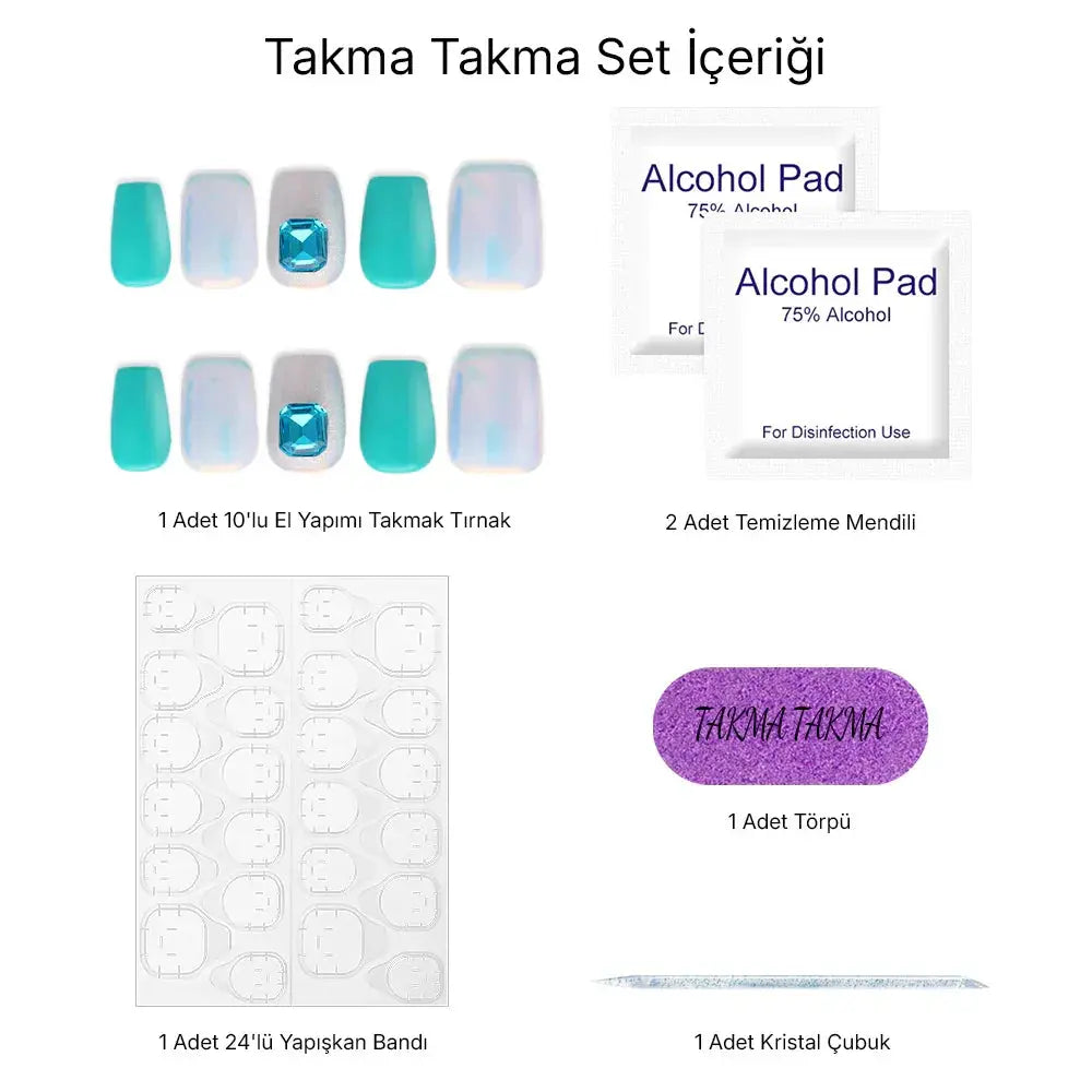 10'lu Mavi Kısa Balerin TT0579 Tekrar Kullanılabilir El Yapımı Protez Takma Tırnak Takma Takma