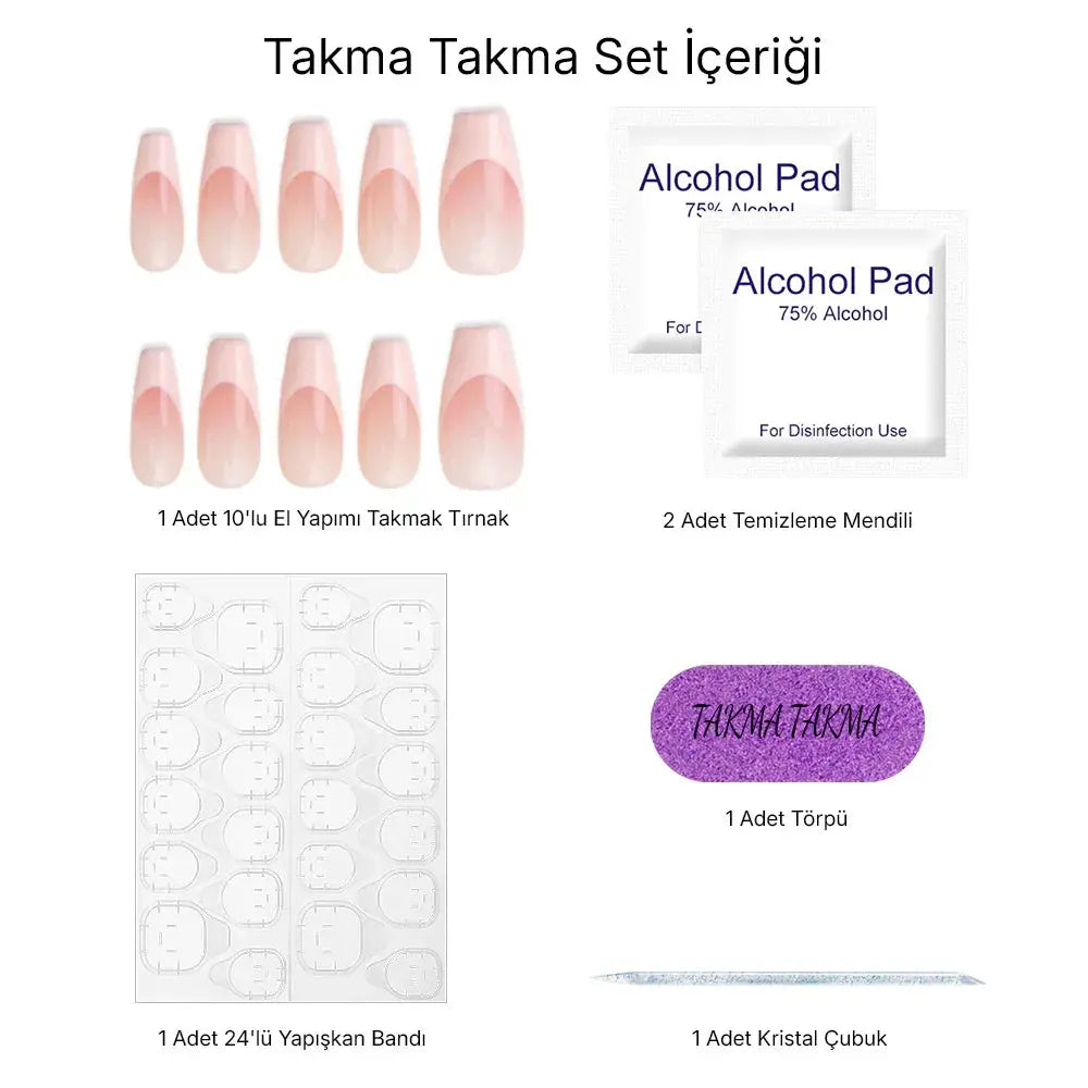 10'lu Pembe Ekstra Uzun Balerin TT0524 Tekrar Kullanılabilir El Yapımı Protez Takma Tırnak Takma Takma