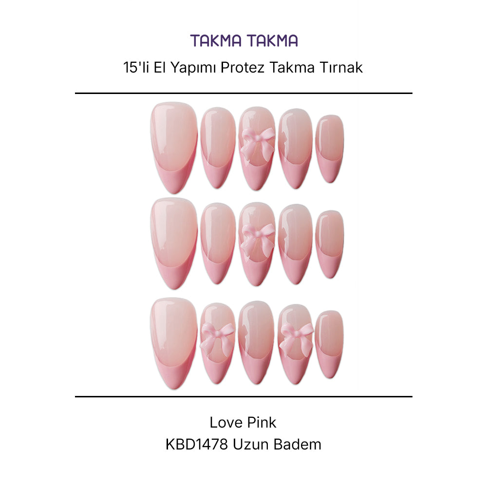 15'li Pembe Kısa Badem KBD1478 Tekrar Kullanılabilir El Yapımı Protez Takma Tırnak