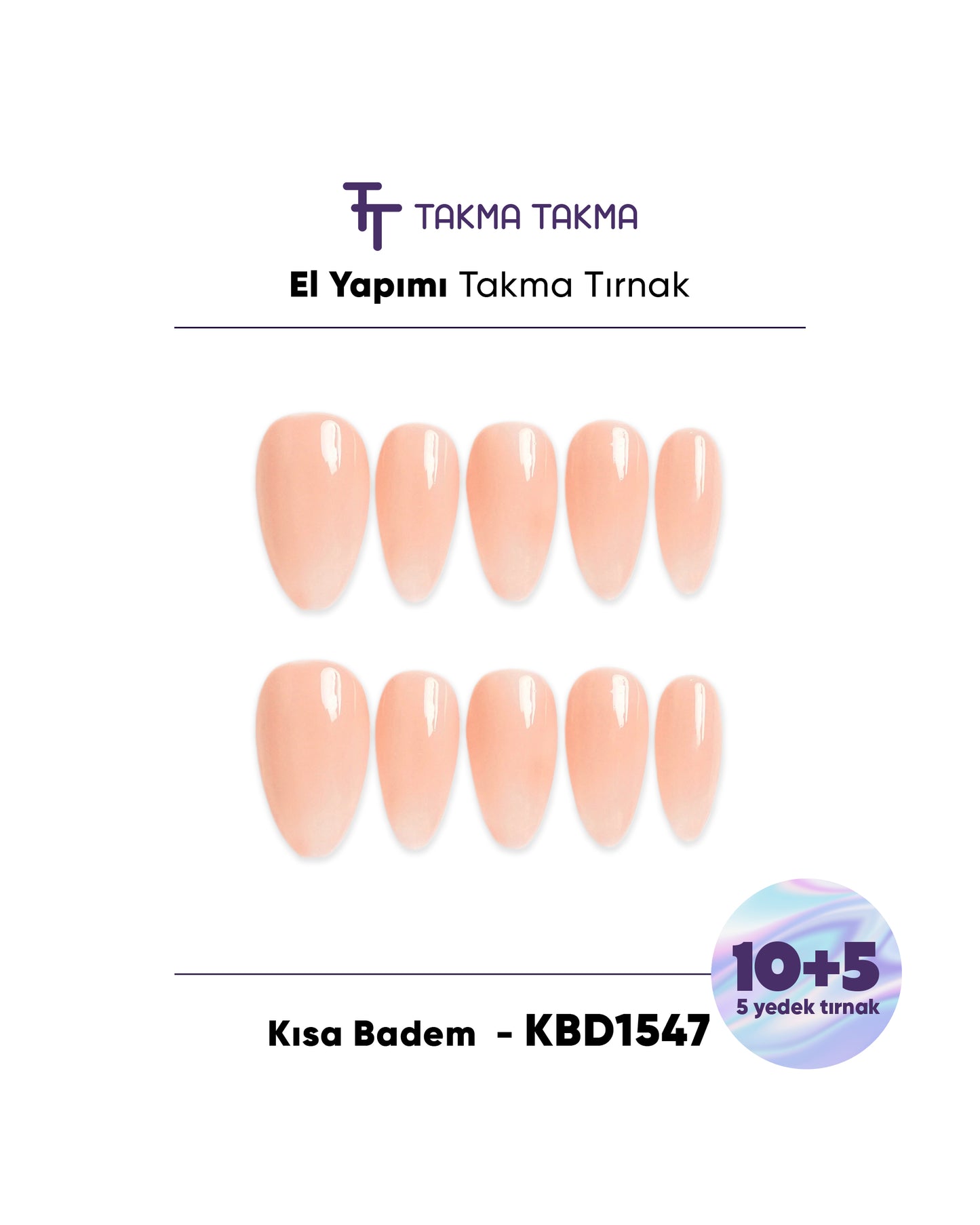 15'li Ten Kısa Badem KBD1547 Tekrar Kullanılabilir El Yapımı Protez Takma Tırnak