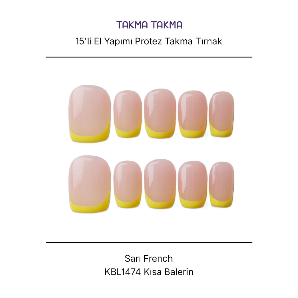 15'li Sarı Kısa Balerin KBL1474  Tekrar Kullanılabilir El Yapımı Protez Takma Tırnak