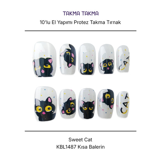 Tekrar Kullanılabilir El Yapımı Protez Takma Tırnak KBL1487 - Sweet Cat - 10'lu