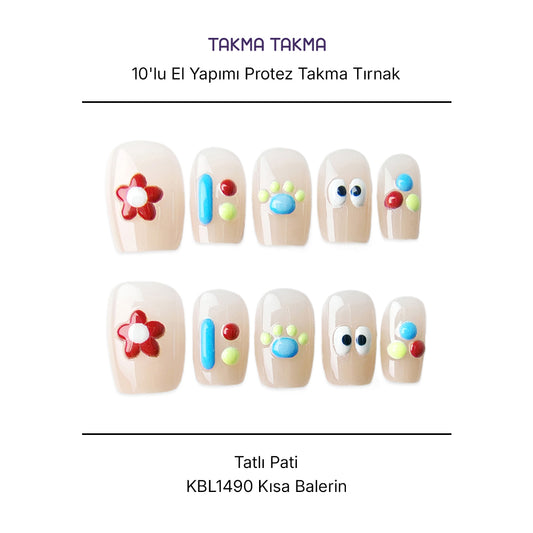 Tekrar Kullanılabilir El Yapımı Protez Takma Tırnak KBL1490 - Tatlı Pati - 10'lu
