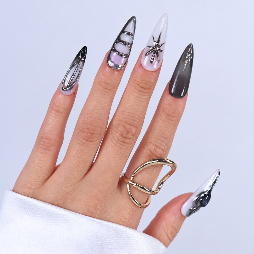 Gri Nail Art Extra Uzun 10'lu Tekrar Kullanılabilir El Yapımı Protez Takma Tırnak KEEE1669