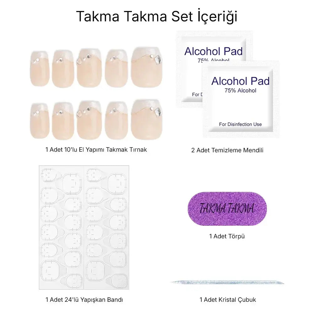 10'lu Ten Rengi Kısa Balerin TT0594 Tekrar Kullanılabilir El Yapımı Protez Takma Tırnak Takma Takma