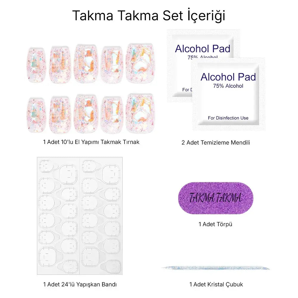10'lu Renkli Kısa Balerin  TT0598 Tekrar Kullanılabilir El Yapımı Protez Takma Tırnak Takma Takma