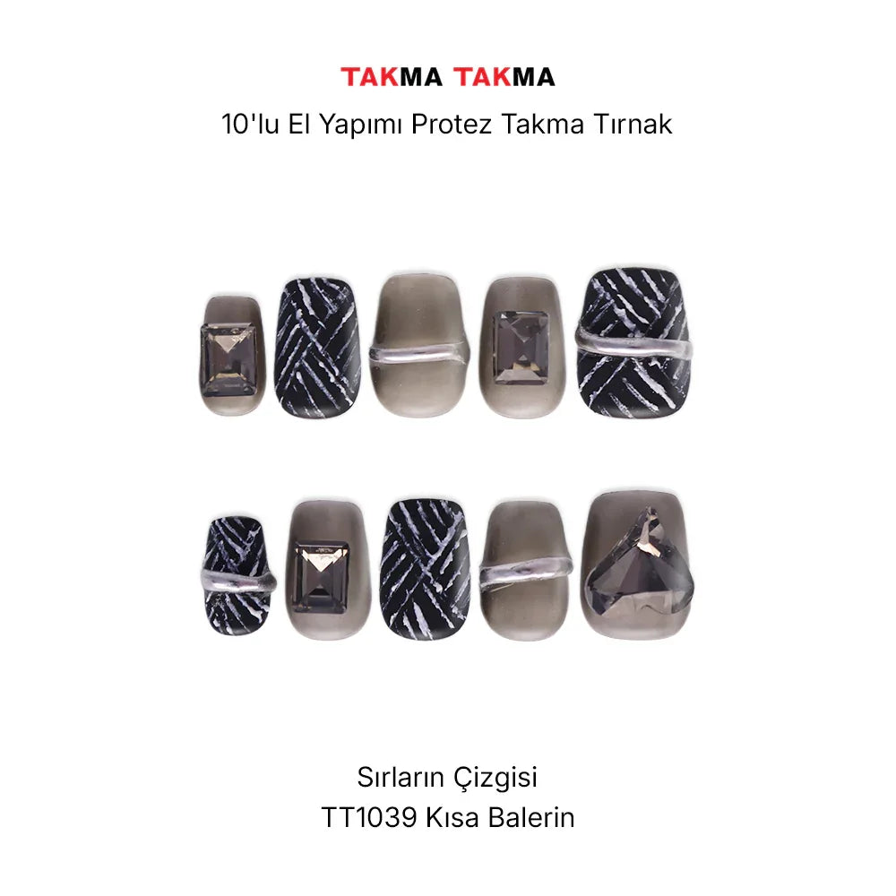 10'lu Gri Kısa Balerin TT1039 Tekrar Kullanılabilir El Yapımı Protez Takma Tırnak Takma Takma