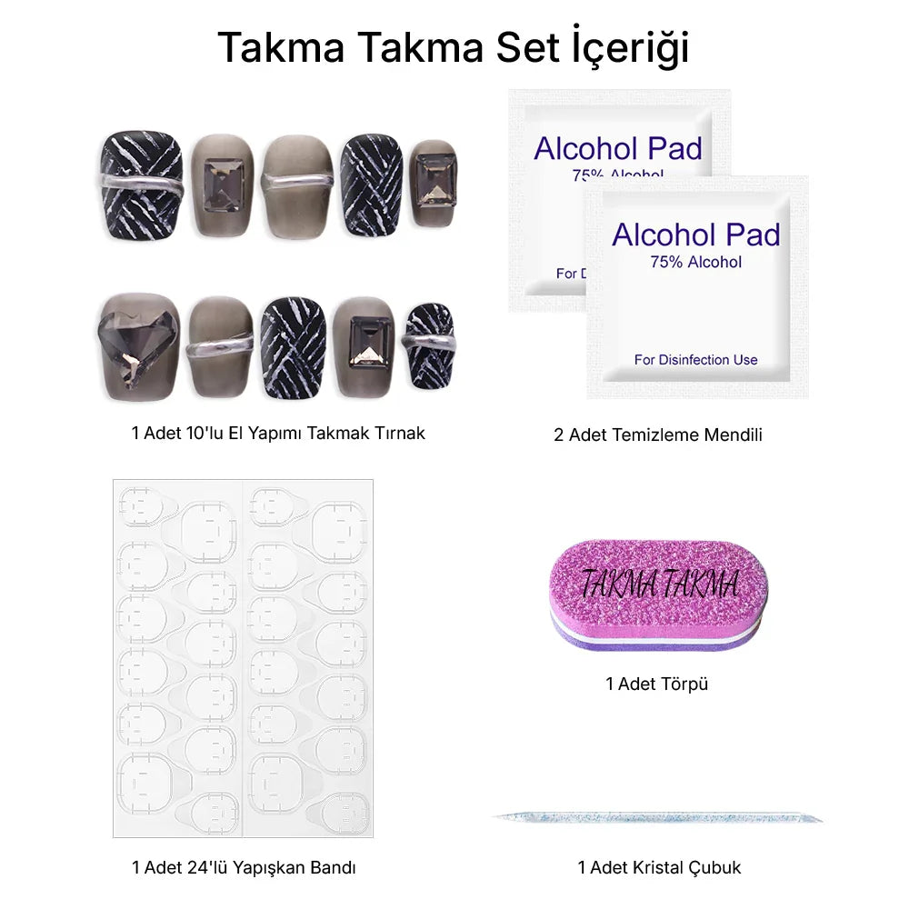 10'lu Gri Kısa Balerin TT1039 Tekrar Kullanılabilir El Yapımı Protez Takma Tırnak Takma Takma