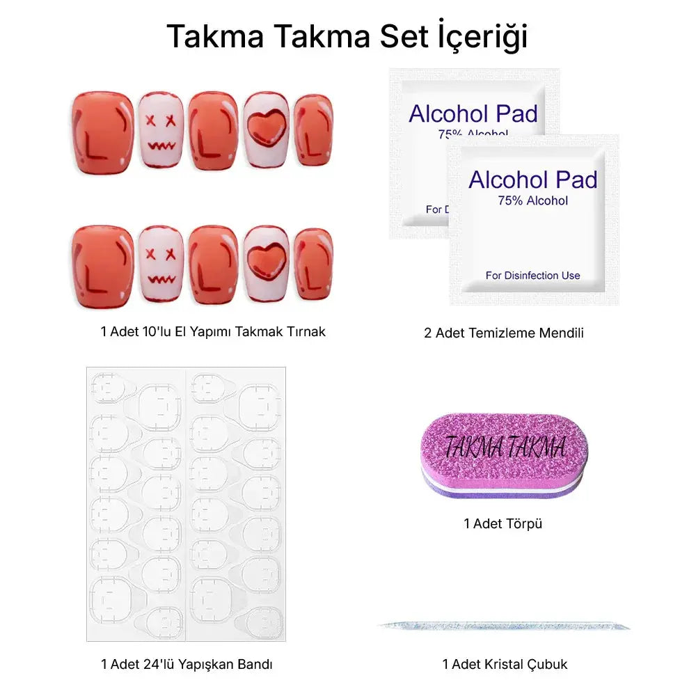 10'lu Pembe Kısa Yuvarlak TT1042 Tekrar Kullanılabilir El Yapımı Protez Takma Tırnak Takma Takma