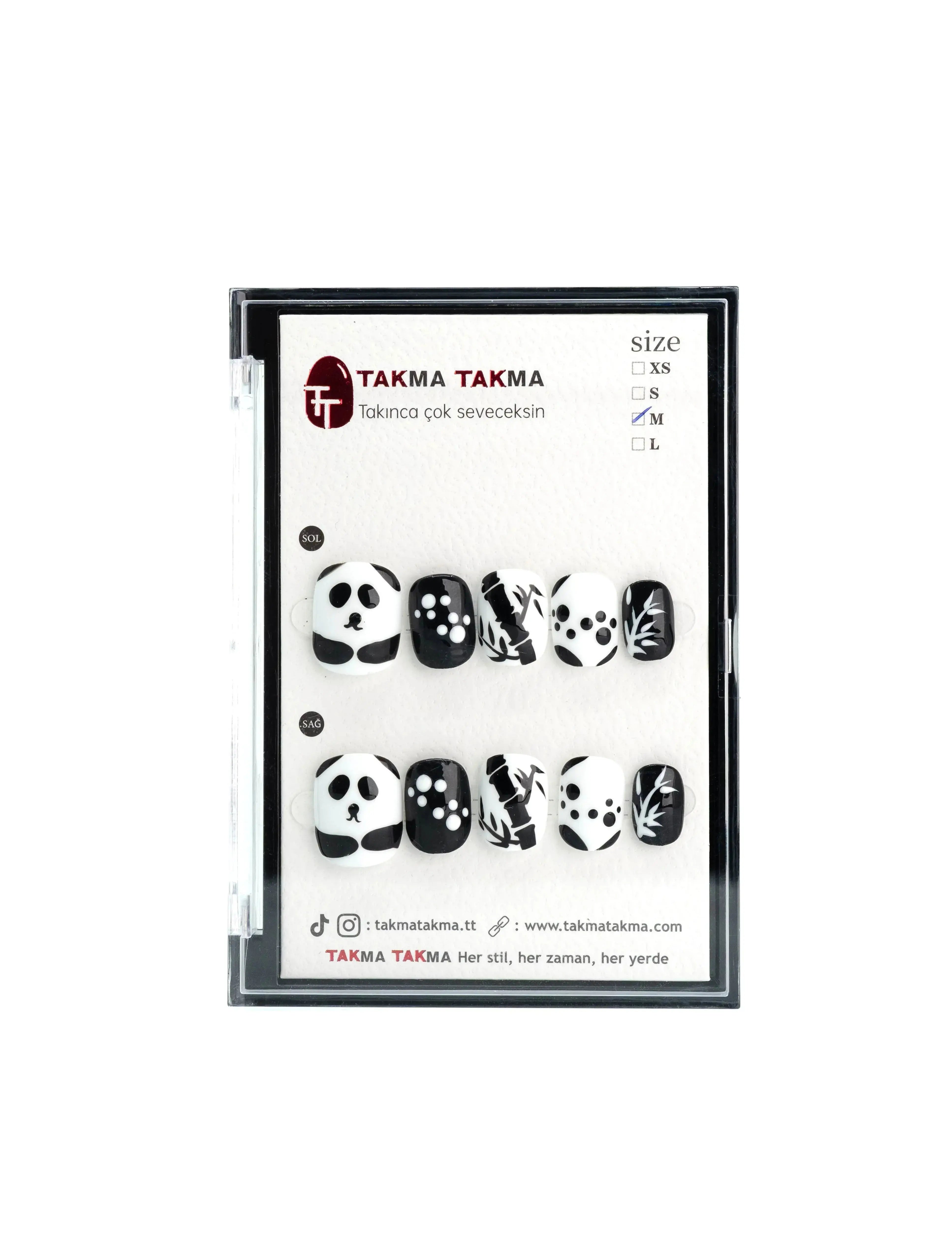 Kısa Yuvarlak Panda Tutkusu - 10'lu Tekrar Kullanılabilir El Yapımı Protez Takma Tırnak - TT1051 Takma Takma
