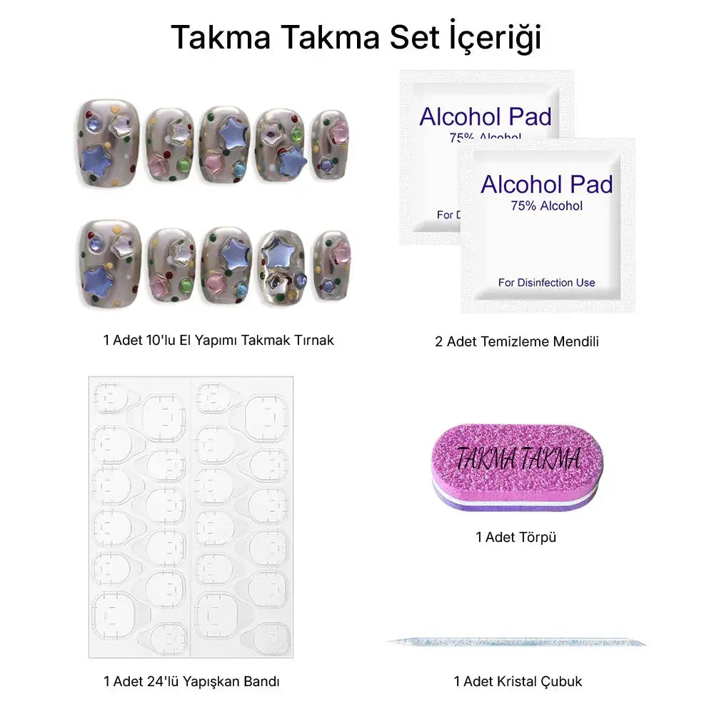 10'lu Gri Kısa Yuvarlak TT1055 Tekrar Kullanılabilir El Yapımı Protez Takma Tırnak Takma Takma