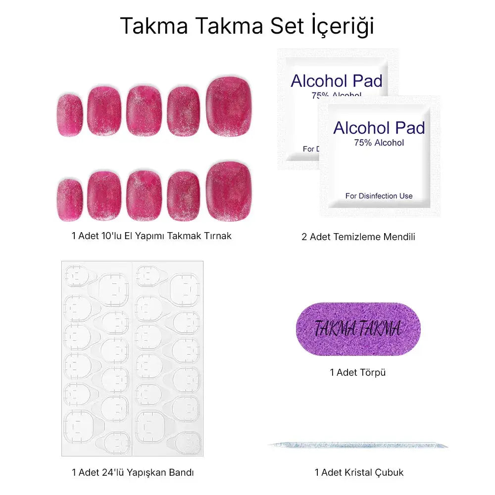 10'lu Kısa Yuvarlak Pembe TT0931 Tekrar Kullanılabilir El Yapımı Protez Takma Tırnak Takma Takma