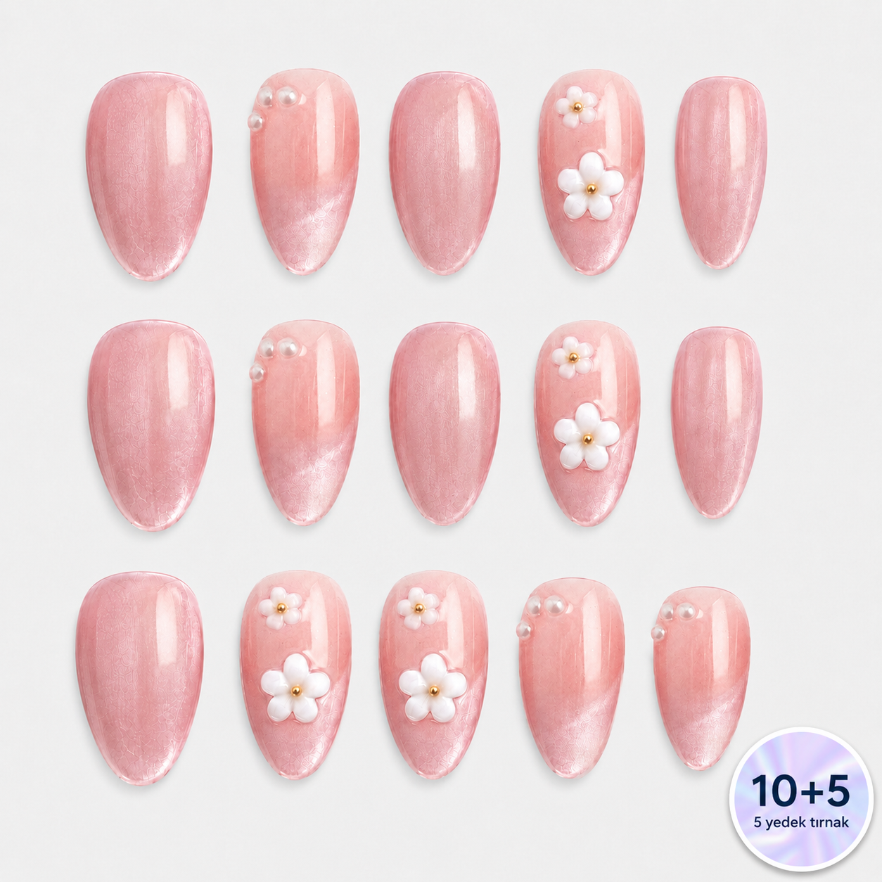 Pembe Nail Art Kısa Badem El Yapımı Jel Takma Tırnak KKBD-3506