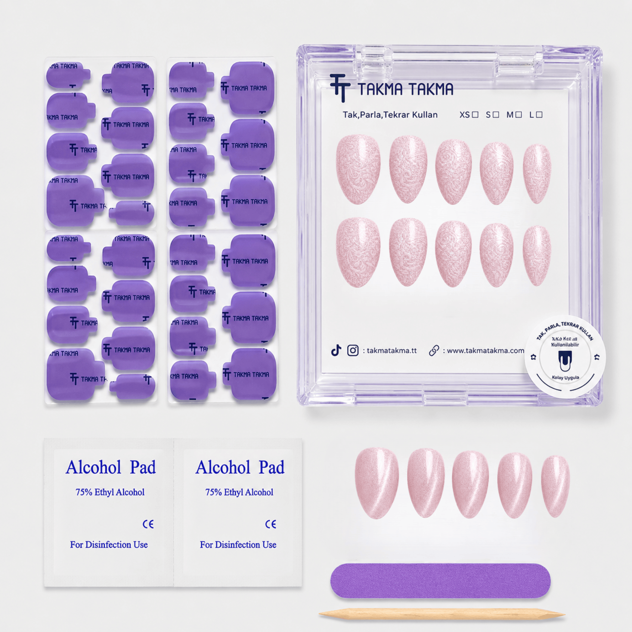 Pembe Nail Art Kısa Badem El Yapımı Jel Takma Tırnak KKBD-3509
