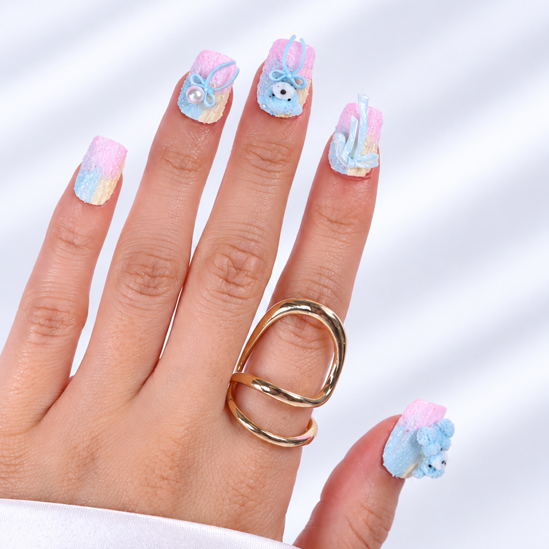 Renkli Nail Art Kısa Badem 10'lu Tekrar Kullanılabilir El Yapımı Protez Takma Tırnak KKBD-3543