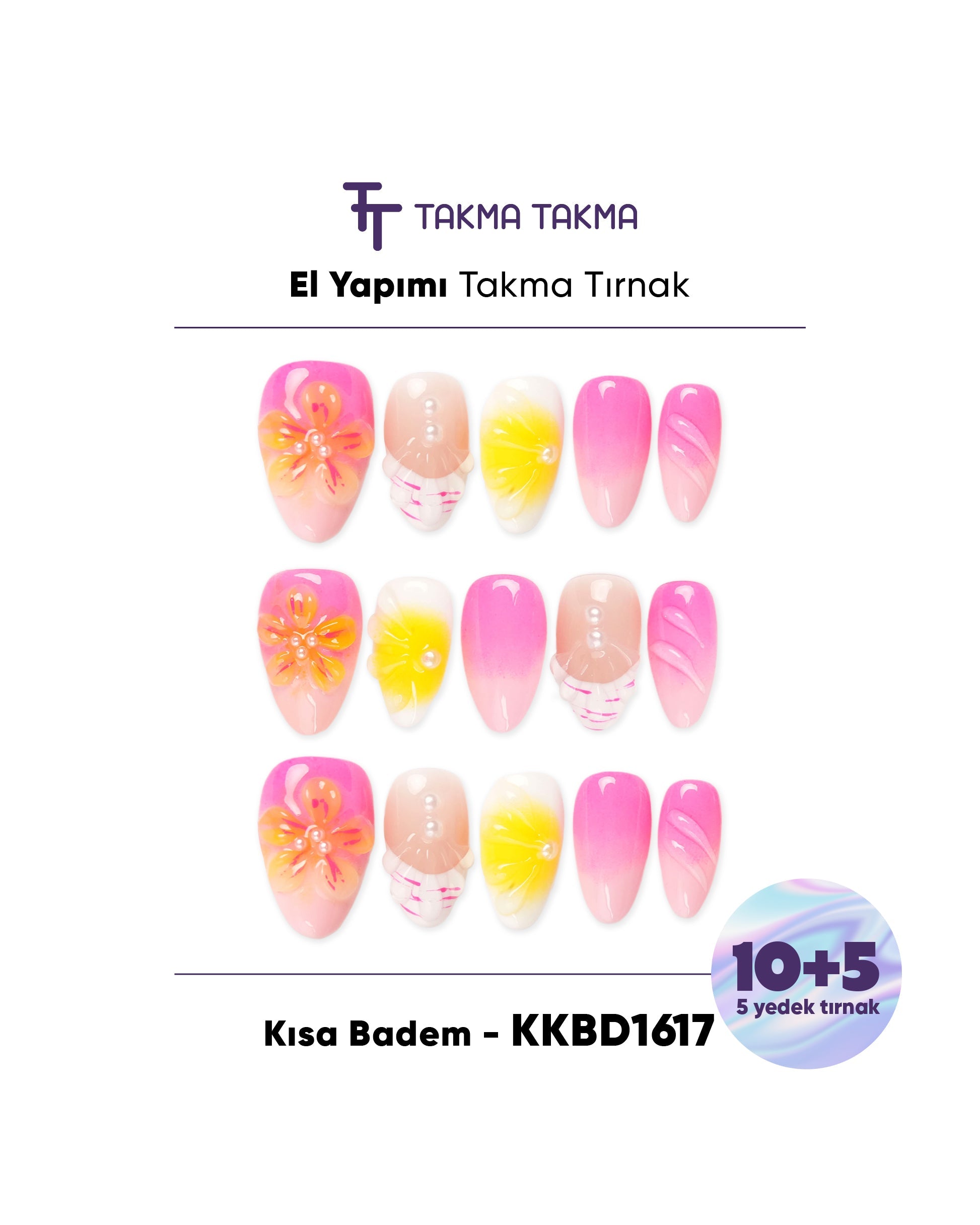 KKBD1617 Kısa Badem 15'li Tekrar Kullanılabilir El Yapımı Protez Takma Tırnak Takma Takma
