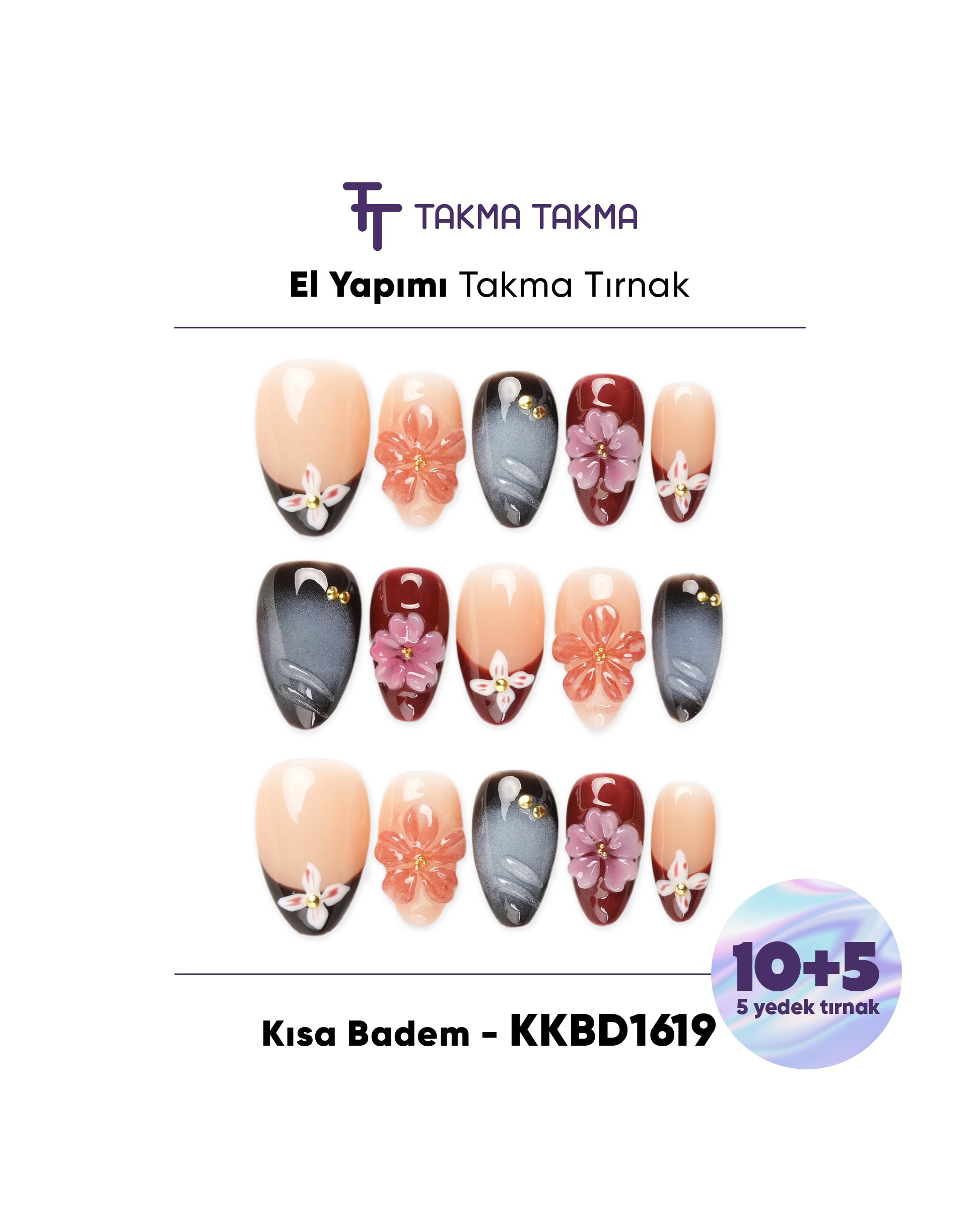 KKBD1619 Kısa Badem 15'li Tekrar Kullanılabilir El Yapımı Protez Takma Tırnak Takma Takma