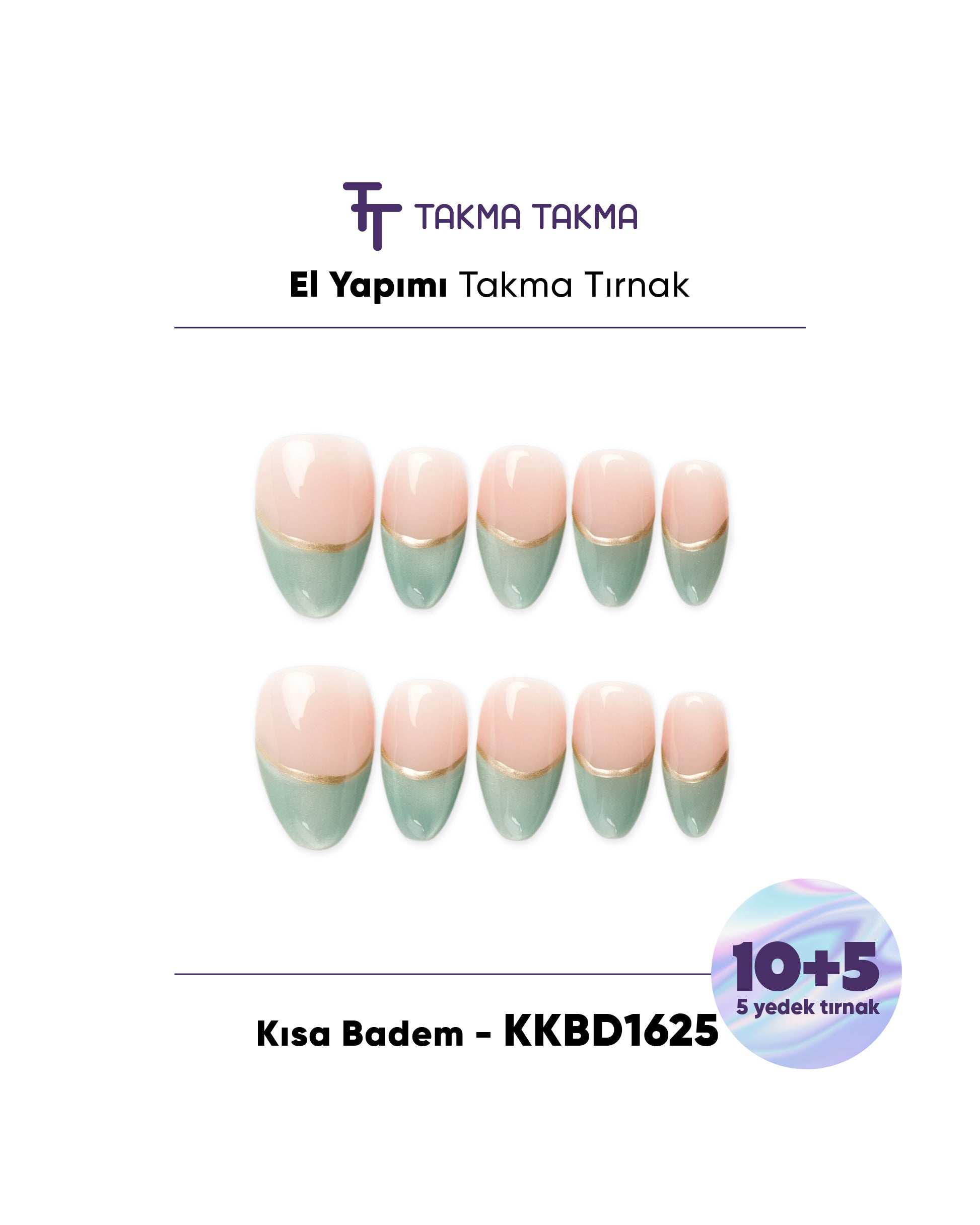 KKBD1625 Kısa Badem 15'li Tekrar Kullanılabilir El Yapımı Protez Takma Tırnak Takma Takma
