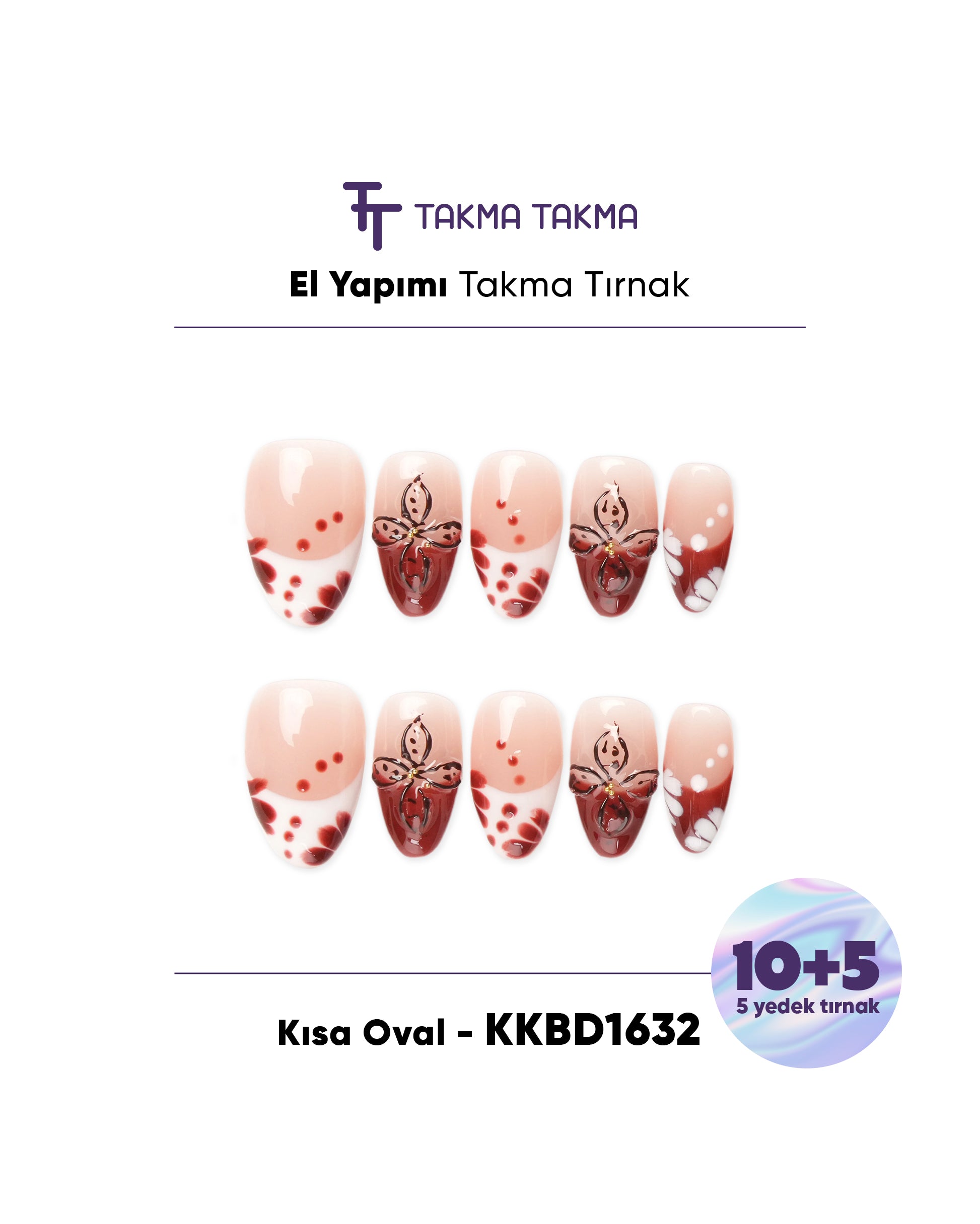 KKBD1632 Kısa Badem 15'li Tekrar Kullanılabilir El Yapımı Protez Takma Tırnak Takma Takma