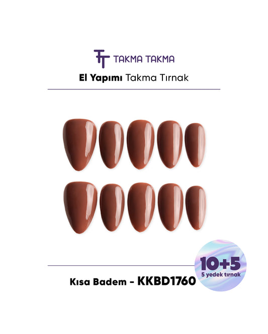 KKBD1760 Kısa Badem 15'li Tekrar Kullanılabilir El Yapımı Protez Takma Tırnak