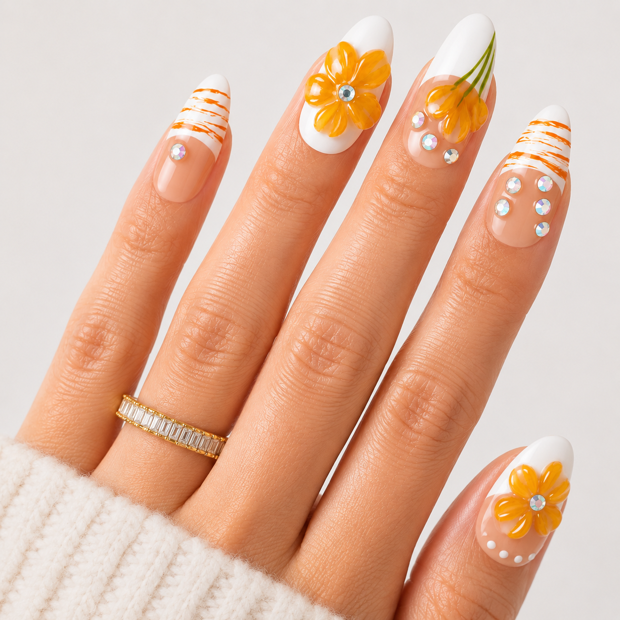 Sarı Nail Art Kısa Badem  El Yapımı Jel Takma Tırnak KKBD1782