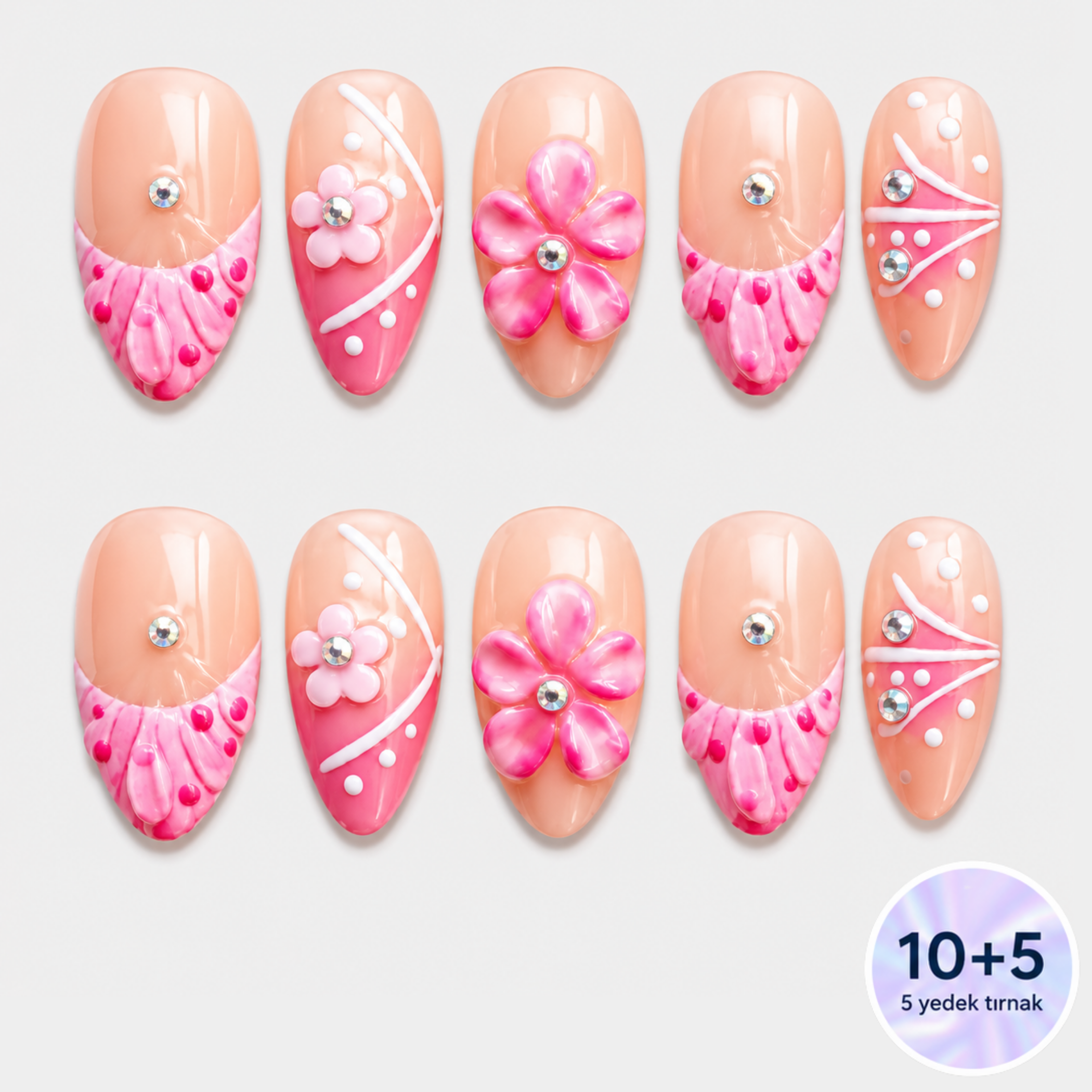 Pembe Nail Art Kısa Badem  El Yapımı Jel Takma Tırnak KKBD1784