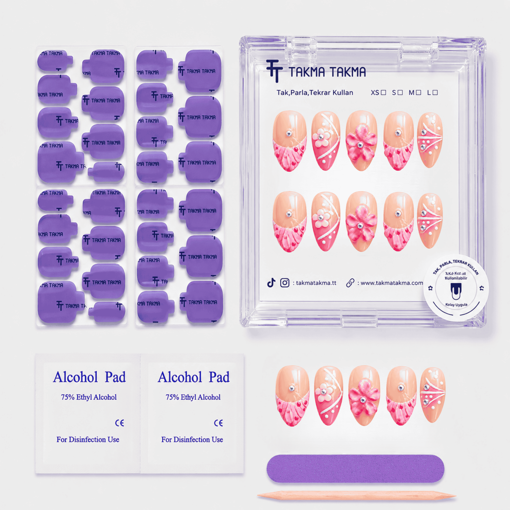 Pembe Nail Art Kısa Badem  El Yapımı Jel Takma Tırnak KKBD1784