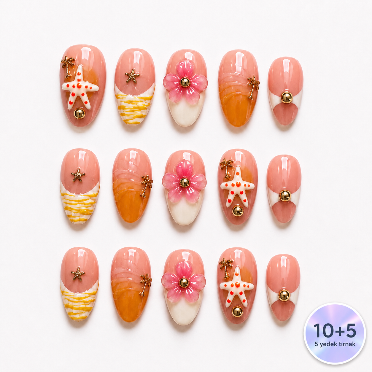Sarı Nail Art Kısa Badem El Yapımı Jel Tırnak KKBD1785