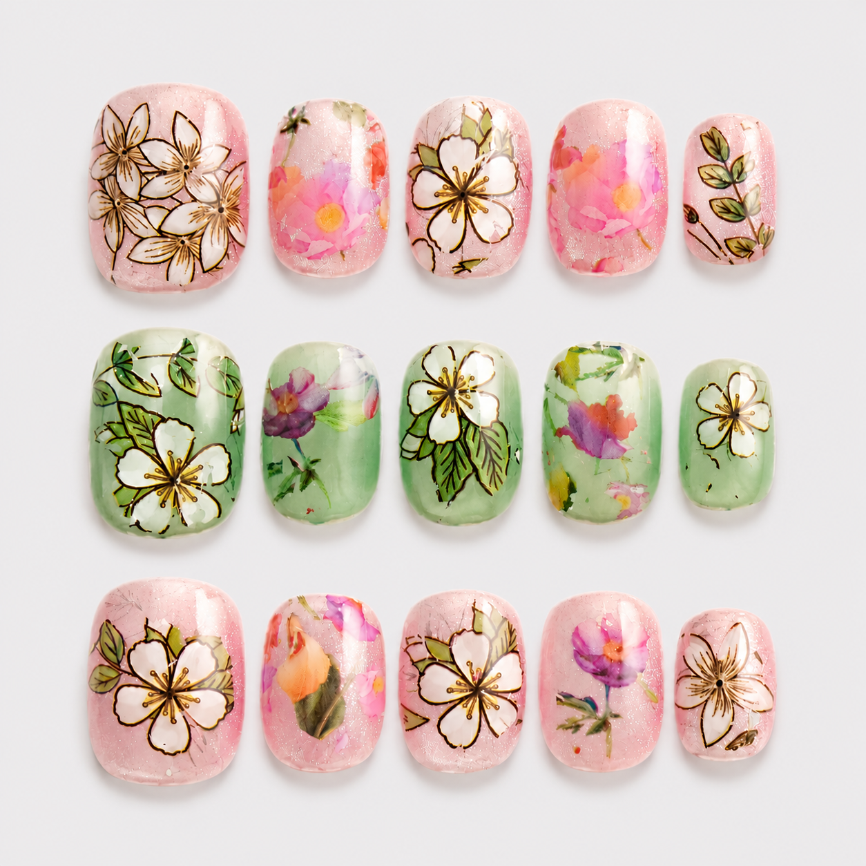 Renkli Nail Art Kısa Oval El Yapımı Jel Takma Tırnak KKBD1788