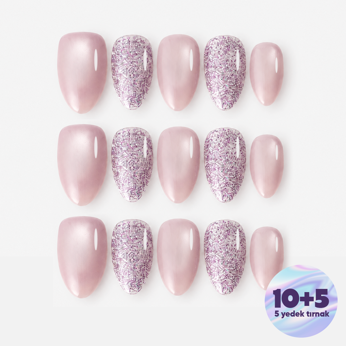 Pembe Nail Art Kısa Badem 15'li Tekrar Kullanılabilir El Yapımı Protez Tırnak KKBD3577 – görsel 7