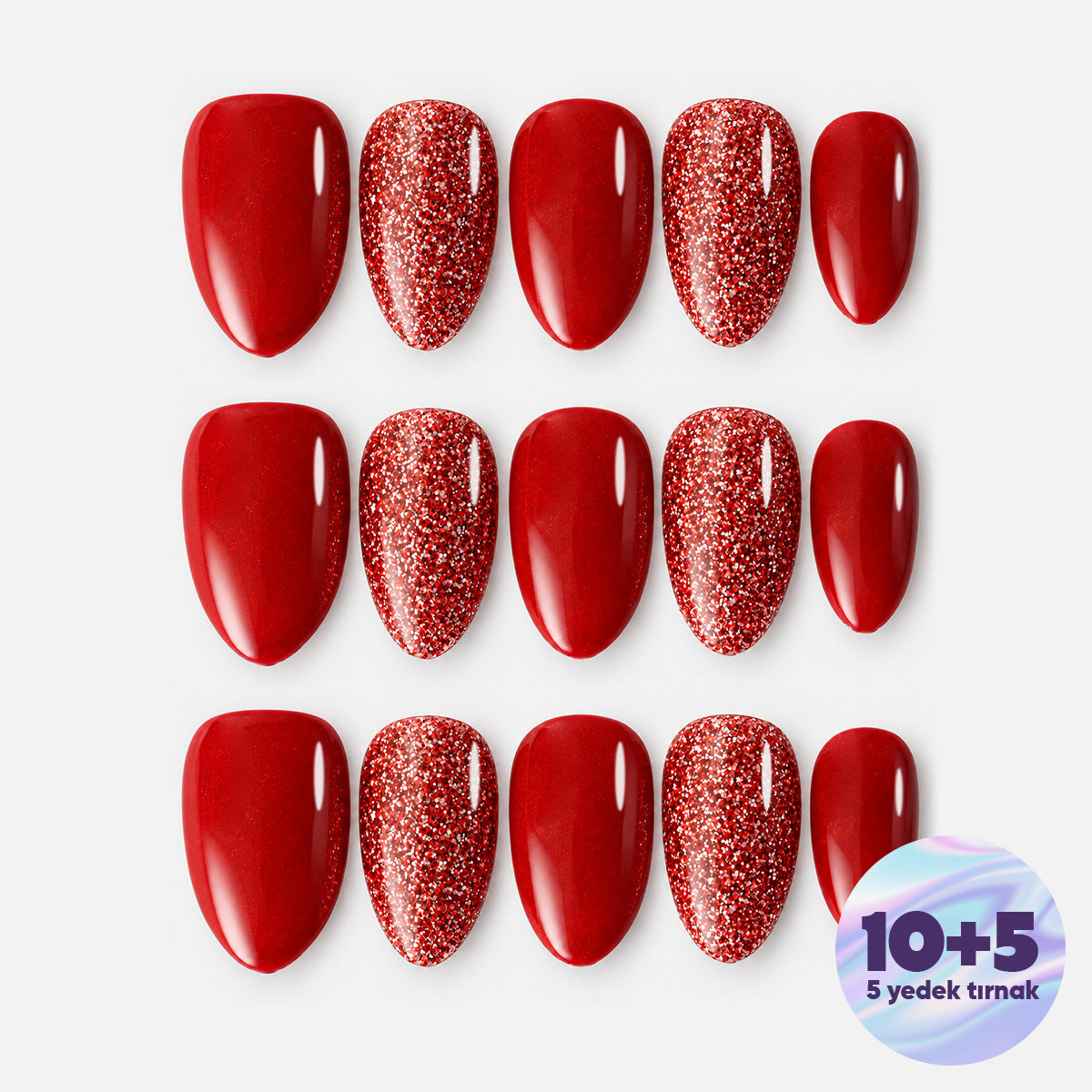 Kırmızı Nail Art Kısa Badem 15'li Tekrar Kullanılabilir El Yapımı Protez Tırnak KKBD3579 – görsel 3