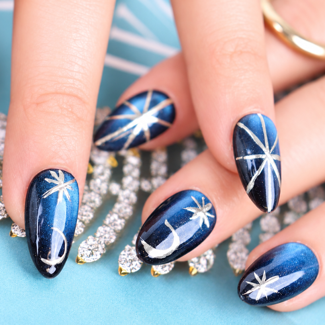 Petrol Mavisi Yıldız Işıltısı Nail Art Kısa Badem 15'li Tekrar Kullanılabilir El Yapımı Protez Tırnak KKBD3583 – görsel 3