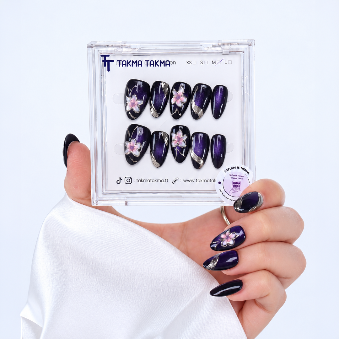 Gece Moru Kristal Çiçek Nail Art Kısa Badem 15'li Tekrar Kullanılabilir El Yapımı Protez Tırnak KKBD3584 – görsel 2