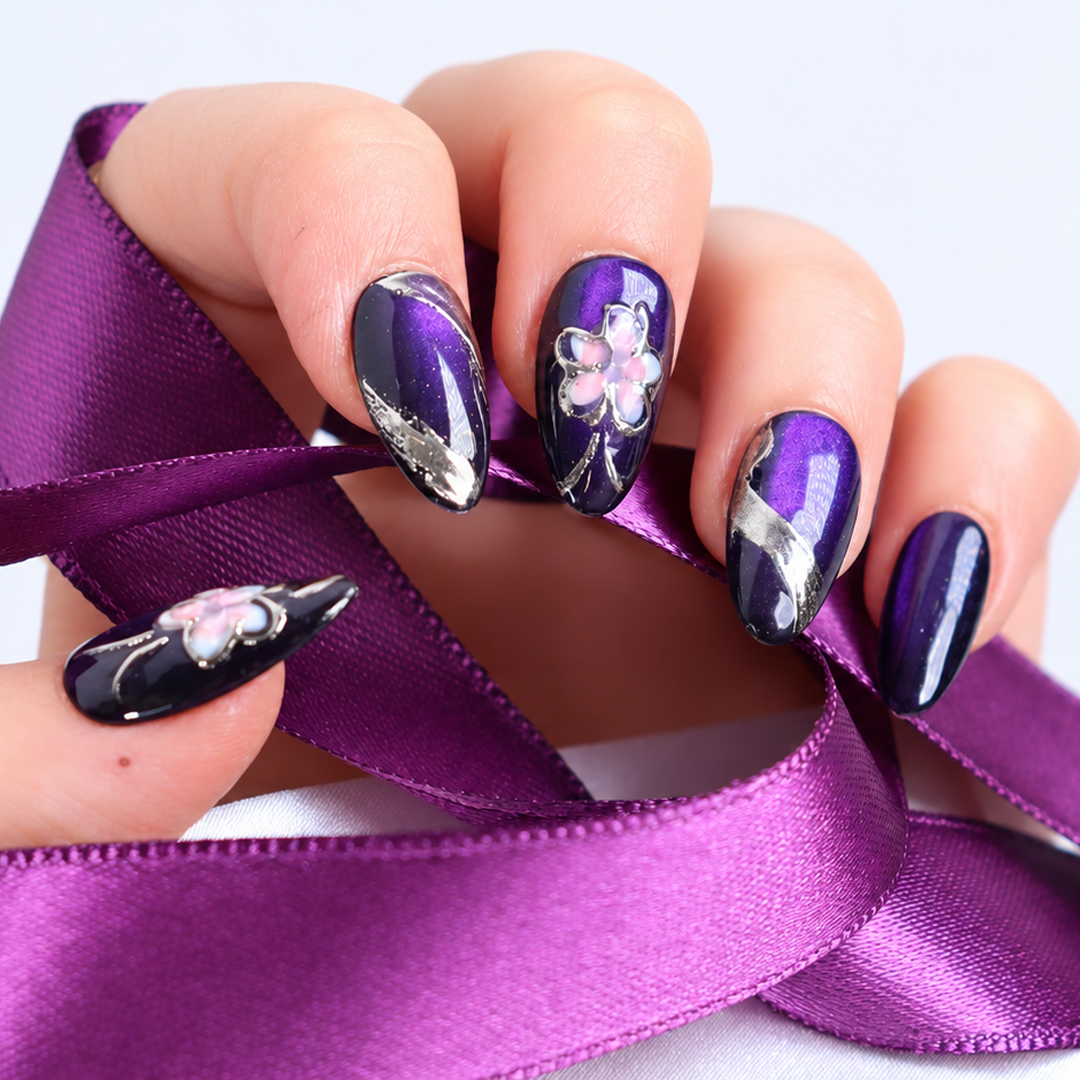 Gece Moru Kristal Çiçek Nail Art Kısa Badem 15'li Tekrar Kullanılabilir El Yapımı Protez Tırnak KKBD3584 – görsel 3