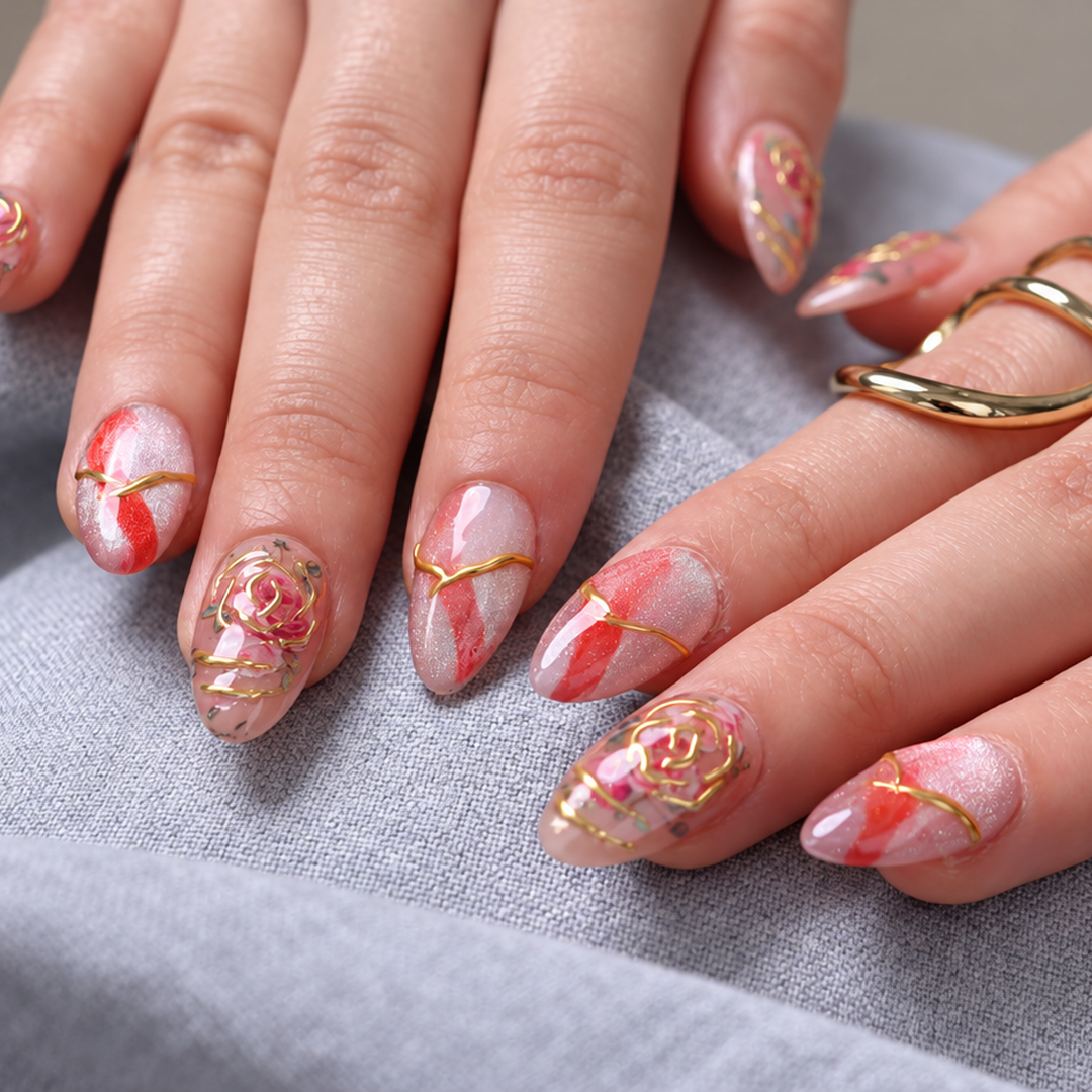 Altın İşlemeli Pembe Gül Nail Art Kısa Badem 15'li Tekrar Kullanılabilir El Yapımı Protez Tırnak KKBD3618 – görsel 3