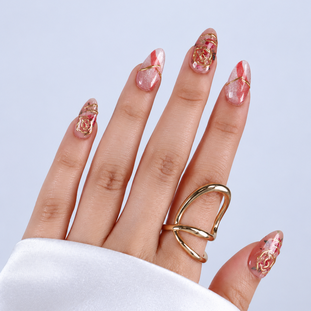 Altın İşlemeli Pembe Gül Nail Art Kısa Badem 15'li Tekrar Kullanılabilir El Yapımı Protez Tırnak KKBD3618 – görsel 5