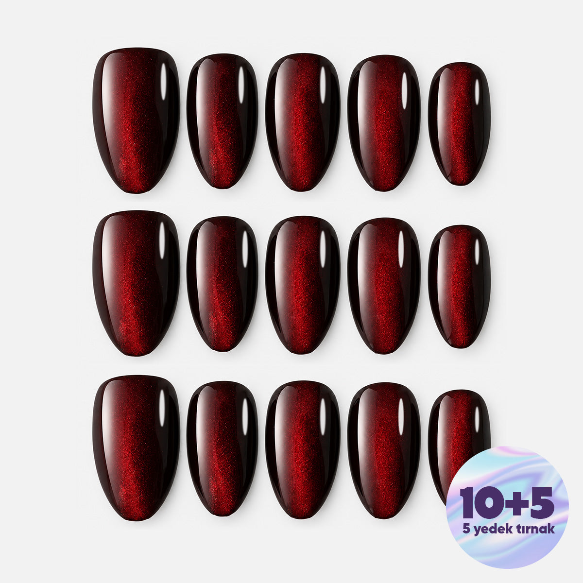 Bordo Cat Eye Kısa Badem 15'li Tekrar Kullanılabilir El Yapımı Protez Tırnak KKBD3626