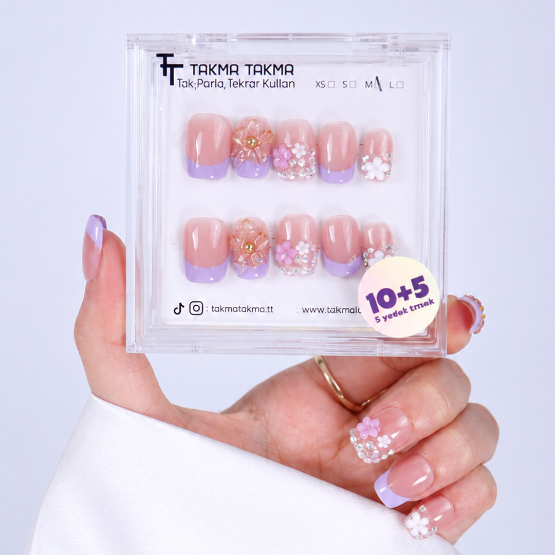 Mor Nail Art Kısa Balerin El Yapımı Jel Takma Tırnak KKBL1787