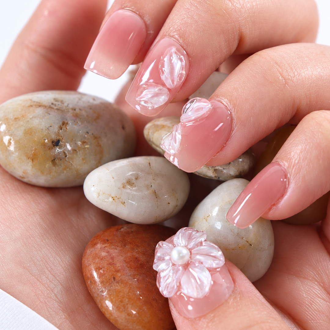 Şeftali Nude İnci Çiçeği Nail Art Kısa Balerin 15'li Tekrar Kullanılabilir El Yapımı Protez Tırnak KKBL3574 – görsel 2