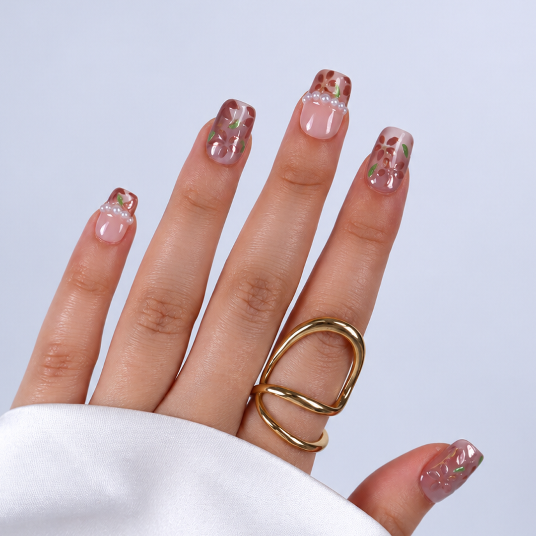 Somon Pembe Bahar Çiçeği Nail Art Kısa Balerin 15'li Tekrar Kullanılabilir El Yapımı Protez Tırnak KKBL3623