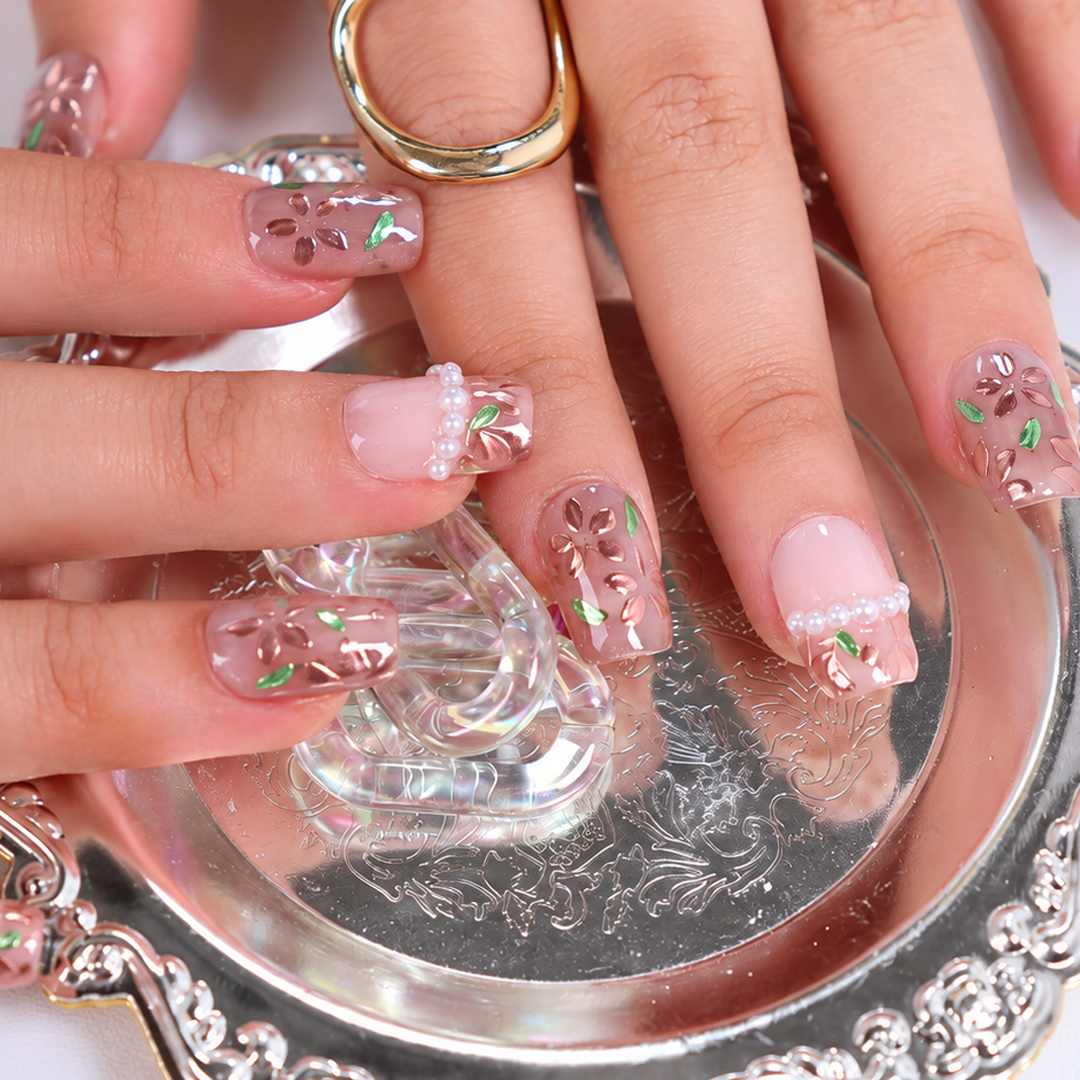 Somon Pembe Bahar Çiçeği Nail Art Kısa Balerin 15'li Tekrar Kullanılabilir El Yapımı Protez Tırnak KKBL3623 – görsel 3