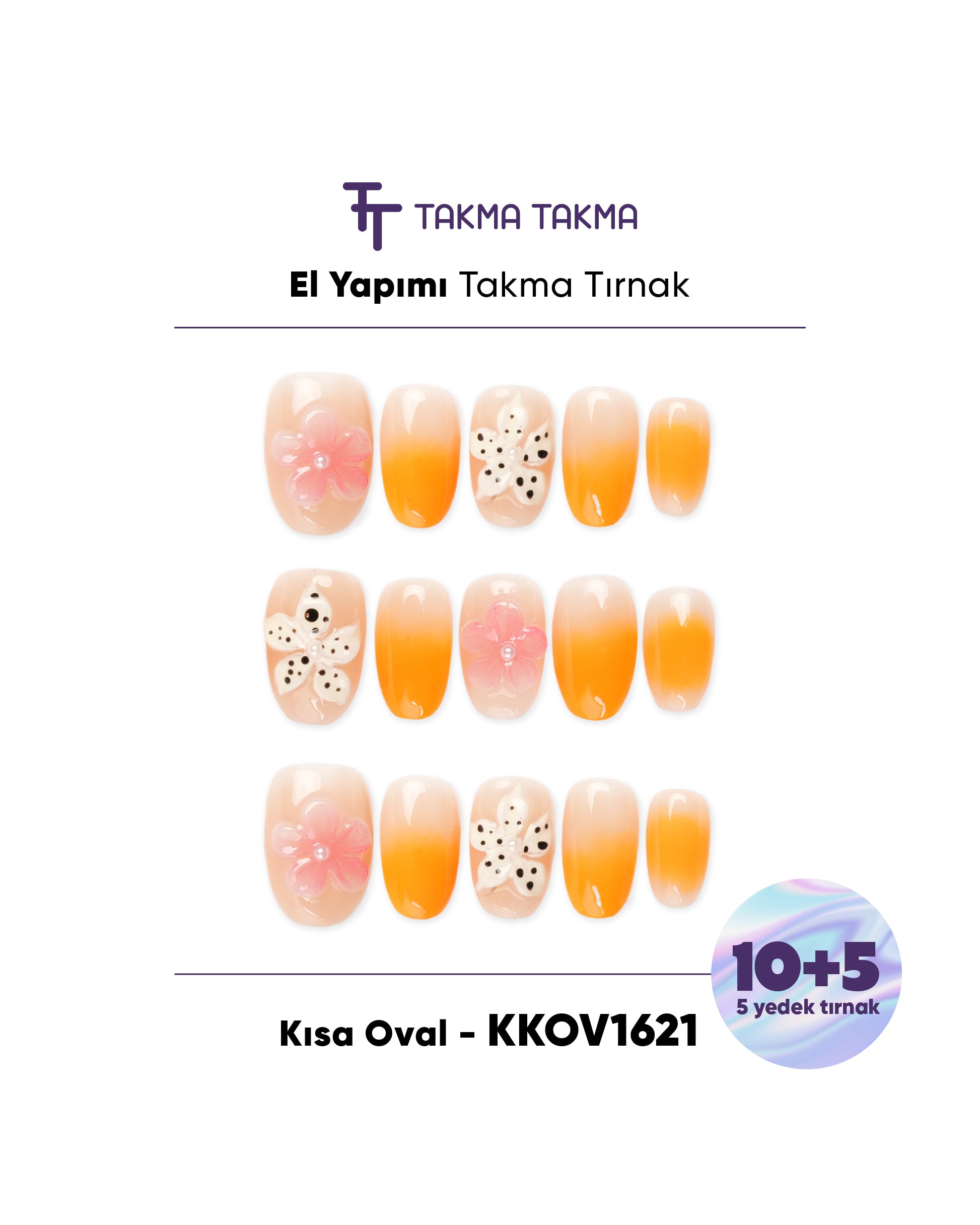 KKOV1621 Kısa Oval 15'li Tekrar Kullanılabilir El Yapımı Protez Takma Tırnak Takma Takma