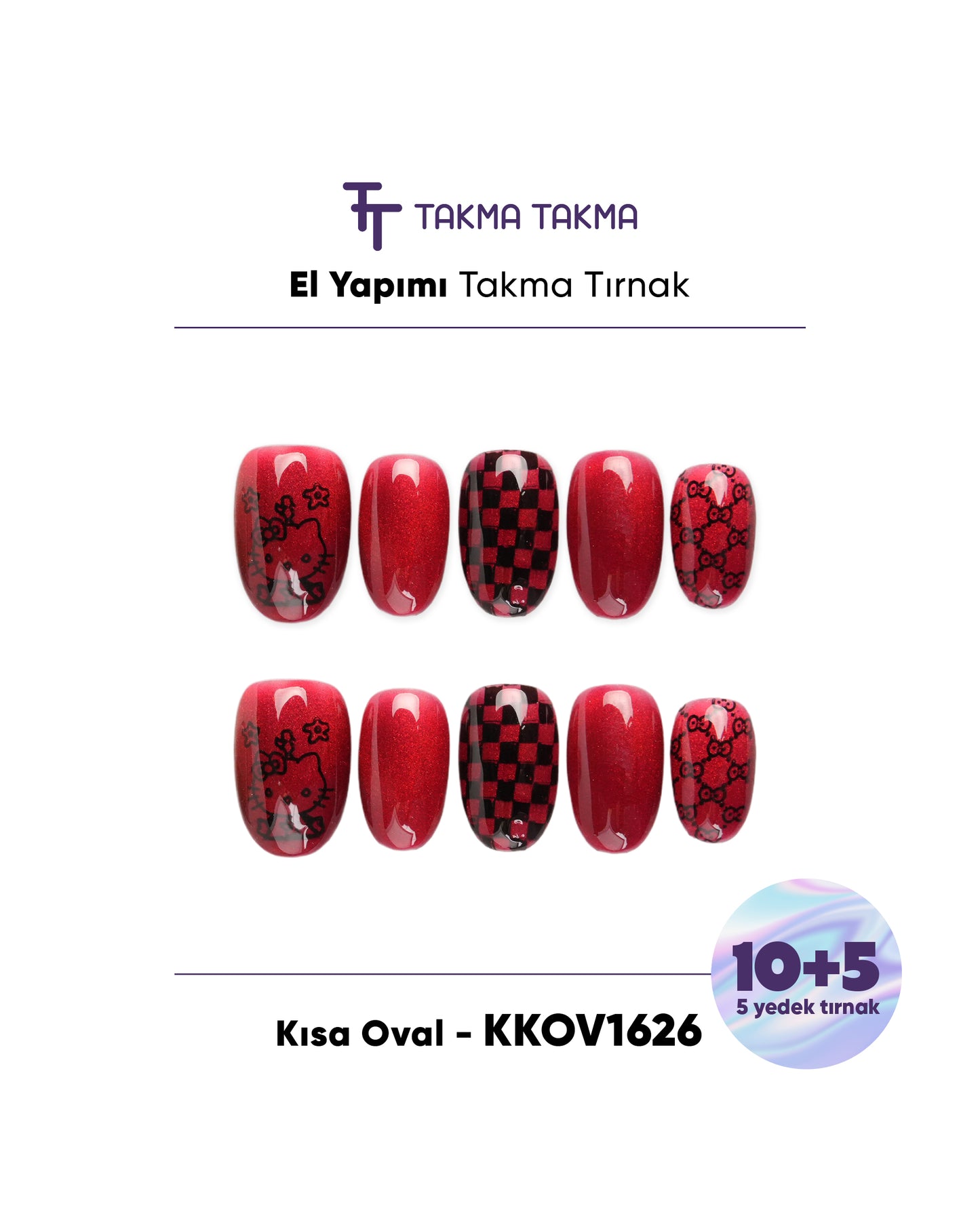 KKOV1626 Kısa Oval 15'li Tekrar Kullanılabilir El Yapımı Protez Takma Tırnak