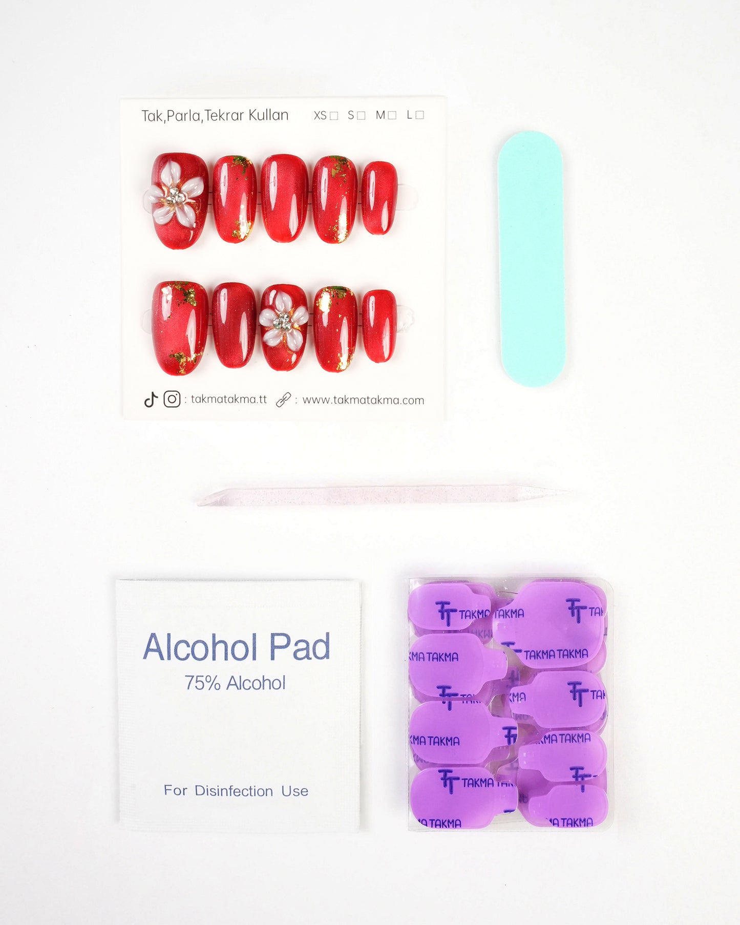 KKOV1628 Kırmızı Kısa Oval 15'li Tekrar Kullanılabilir El Yapımı Protez Takma Tırnak