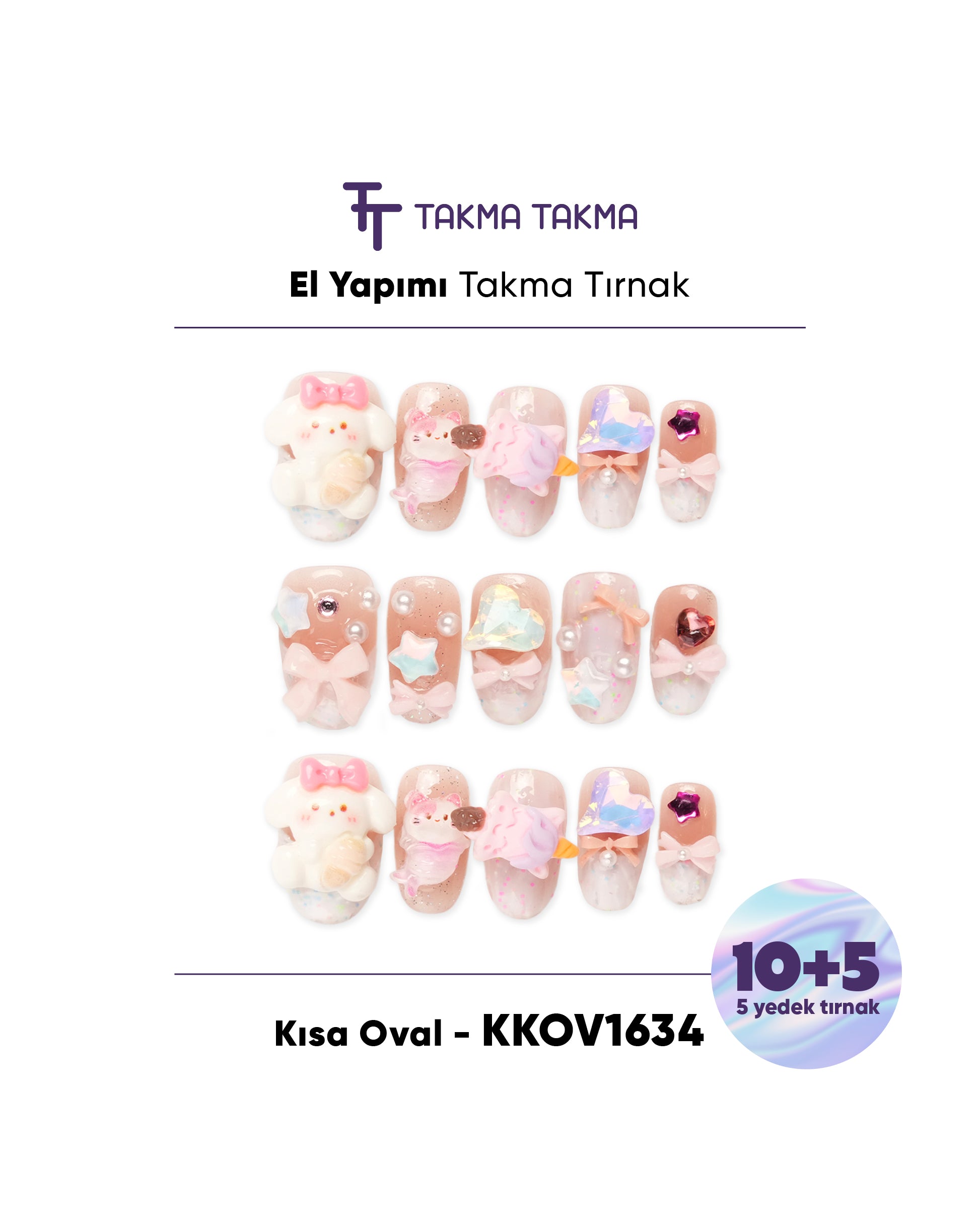 KKOV1634 Renkli Kısa Oval 15'li Tekrar Kullanılabilir El Yapımı Protez Takma Tırnak Takma Takma